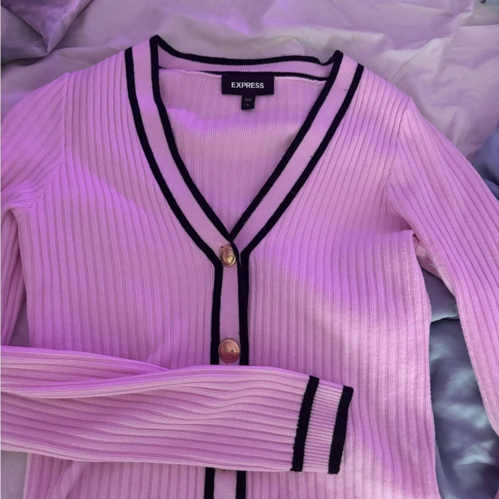 Express Pink and Black Ribbed Cardigan Sweater